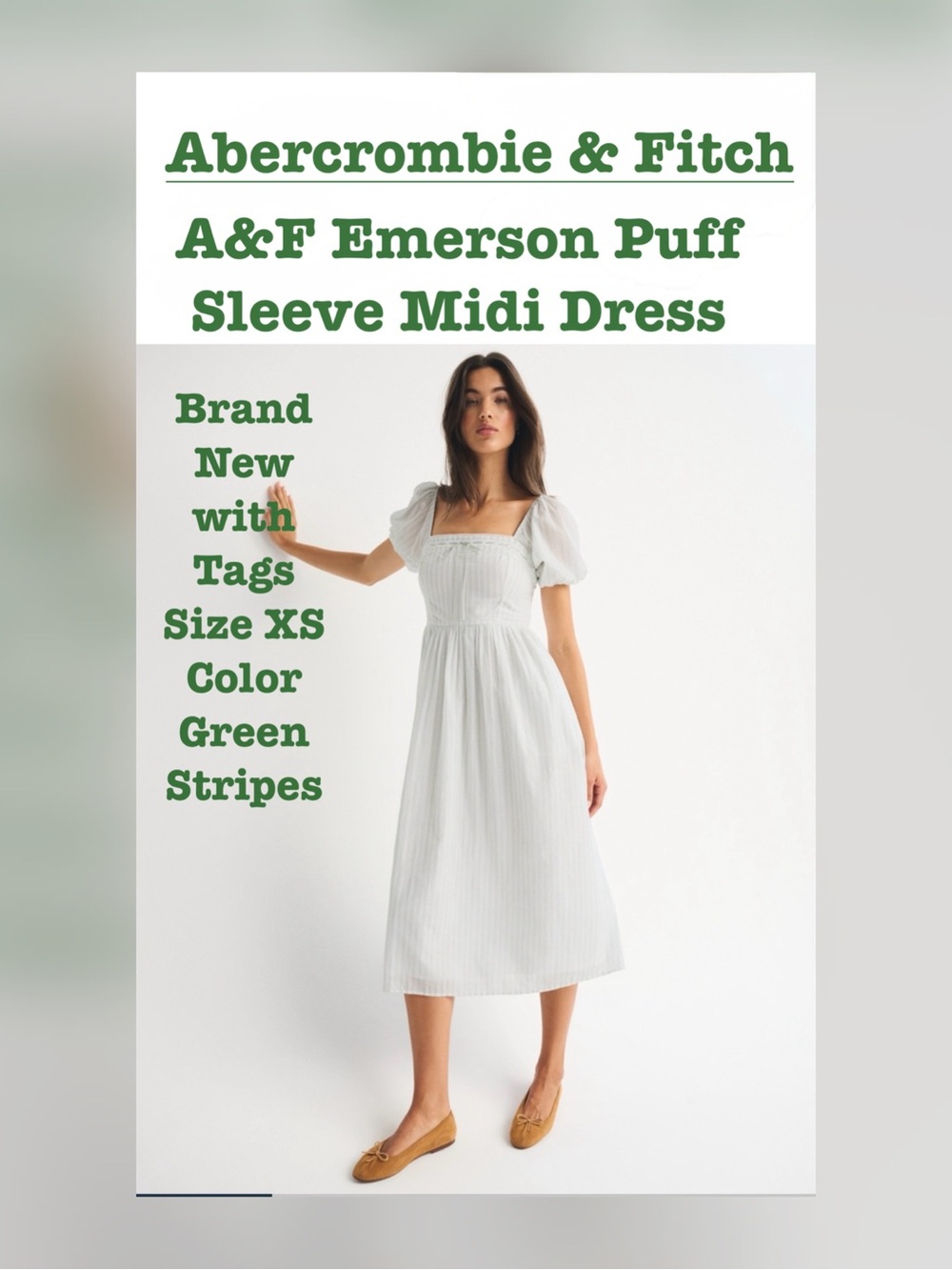Abercrombie & Fitch Emerson Puff Sleeve Midi Dress in Green Stripes